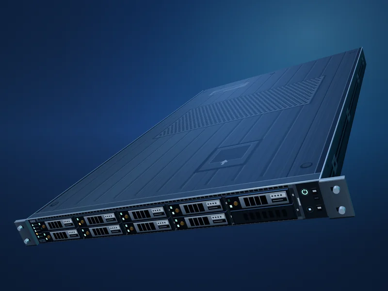 Tek bir rack sunucunun üç çeyrek açıdan görünümü; ön yüzünde on disk taşıyıcısı, durum ledleri ve montaj kulakları.