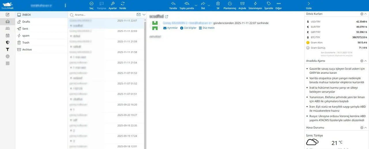 bulutmail webmail gelen kutusu arayüzü