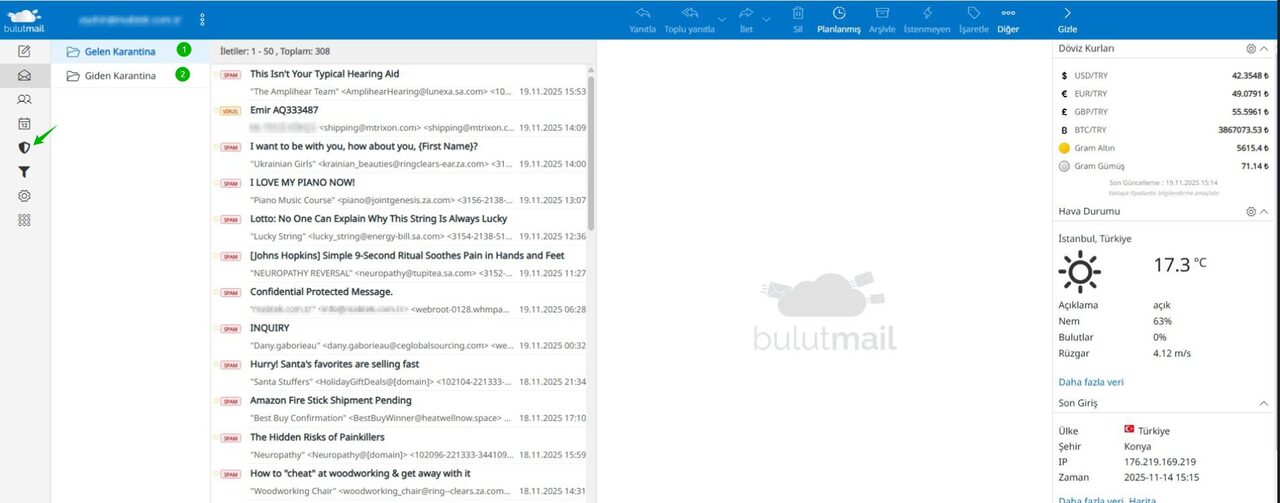 Antispam ve karantina yönetimi ekranı