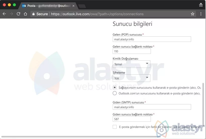 outlook gelen giden sunucu