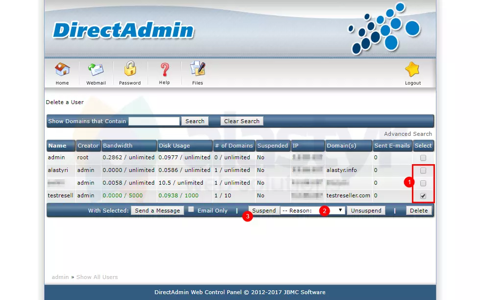 DirectAdmin Hosting Askıya Al