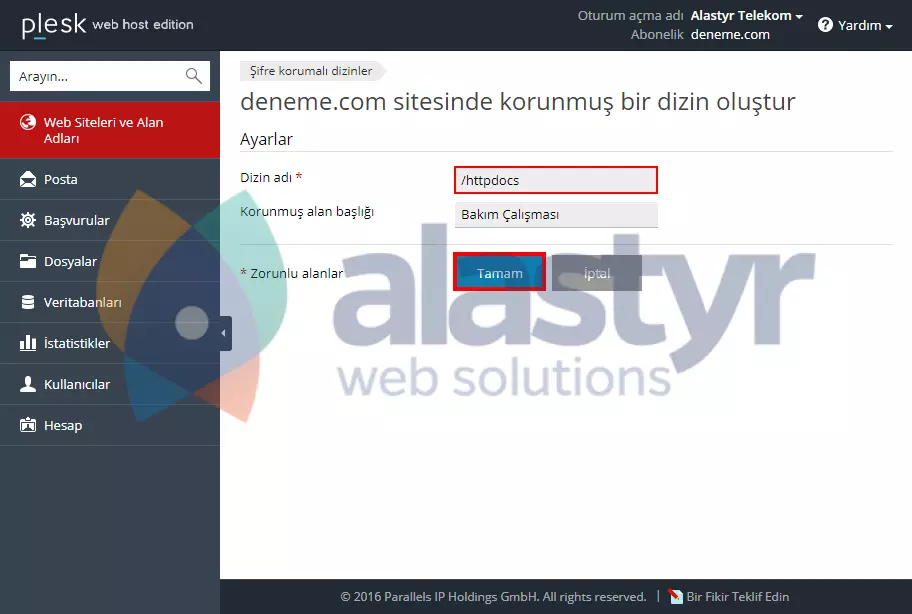 Plesk Dizin Şifreleme