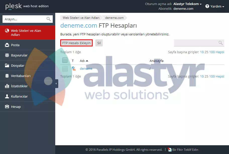 FTP hesabı oluşturma Plesk 