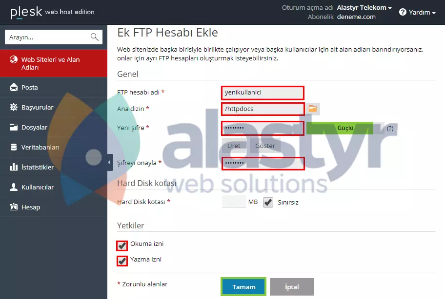 FTP hesabı oluşturma Plesk