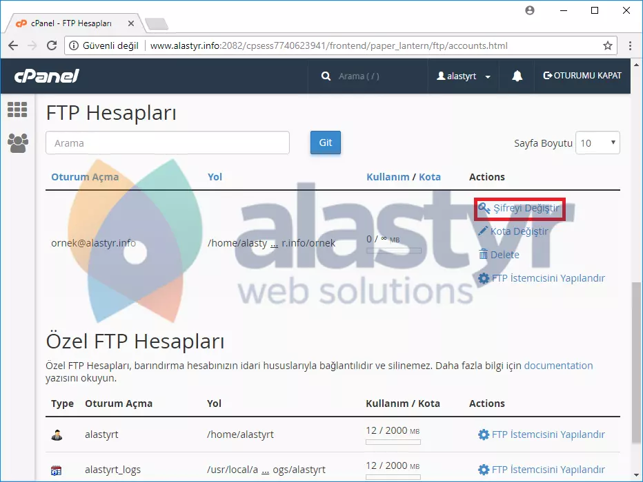ftp şifresi değiştirme