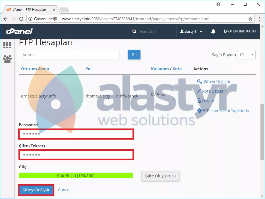 cpanel ftp şifre değiştirme