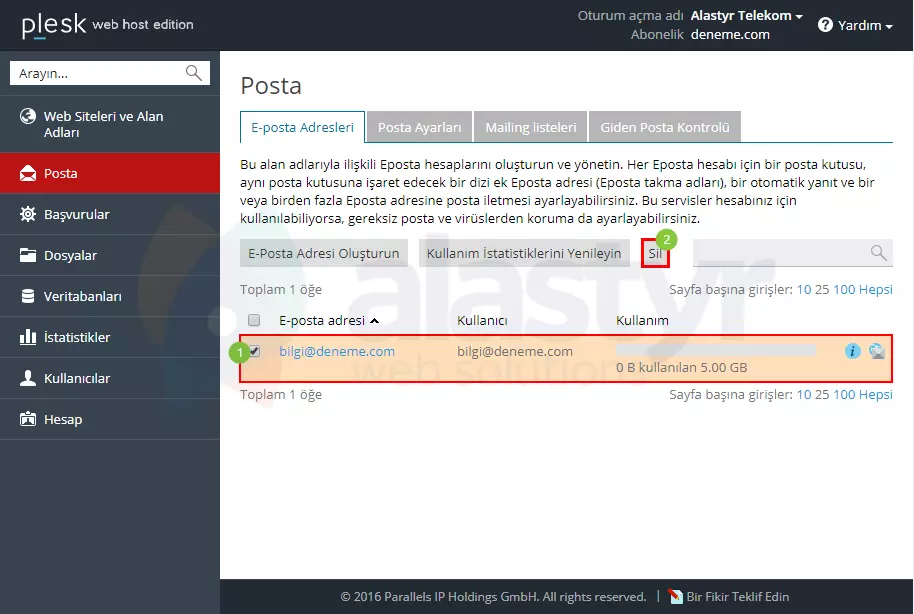 Mail Hesabı silme işleminin onaylanması