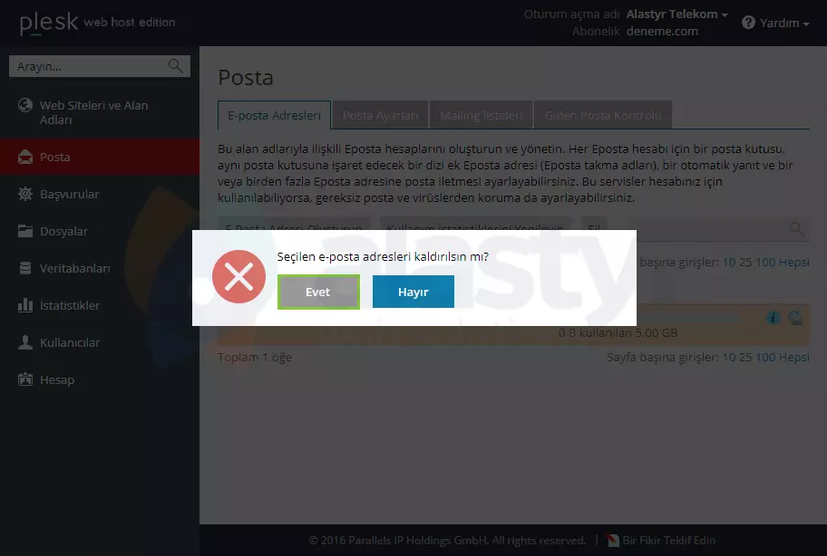 Plesk Mail Hesabı Silme