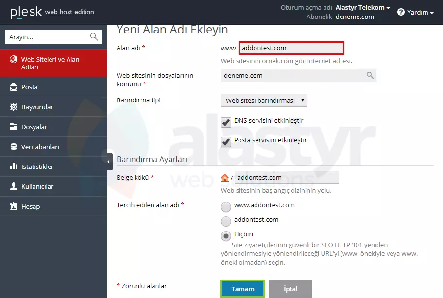 Plesk'te Addon Domain Oluşturma (2)