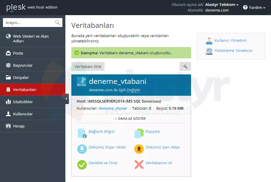 Plesk'te MsSQL Veritabanı Oluşturma (4)