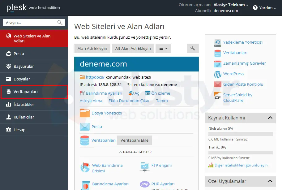 Plesk'te MySQL Veritabanı Oluşturma (1)