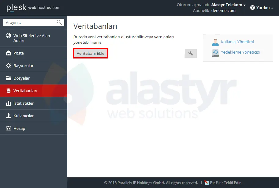 Plesk'te MySQL Veritabanı Oluşturma (2)
