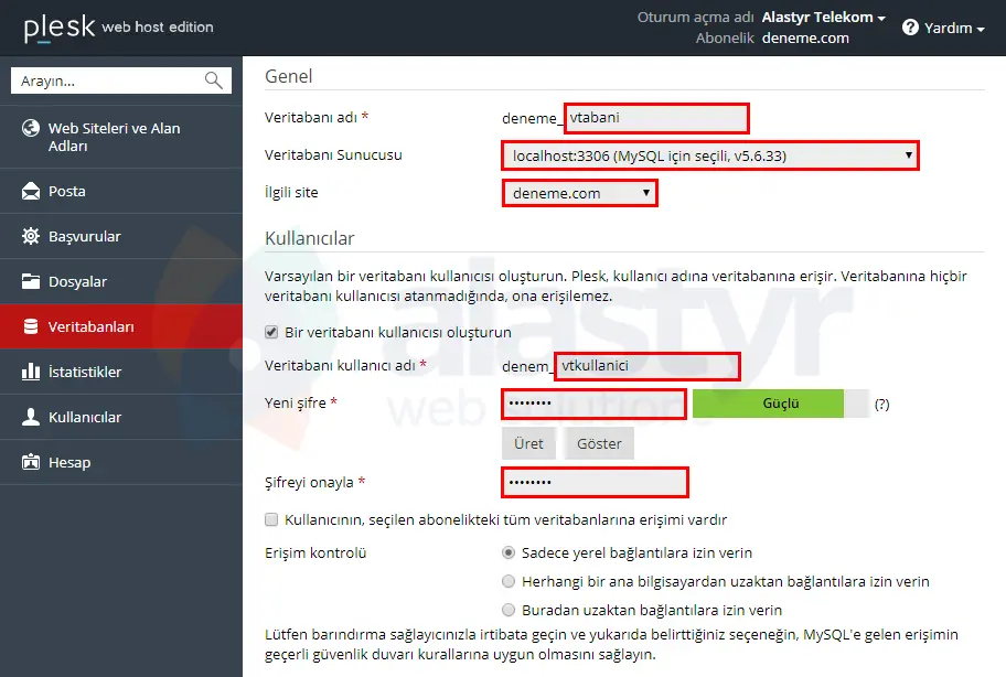 Plesk'te MySQL Veritabanı Oluşturma (3)
