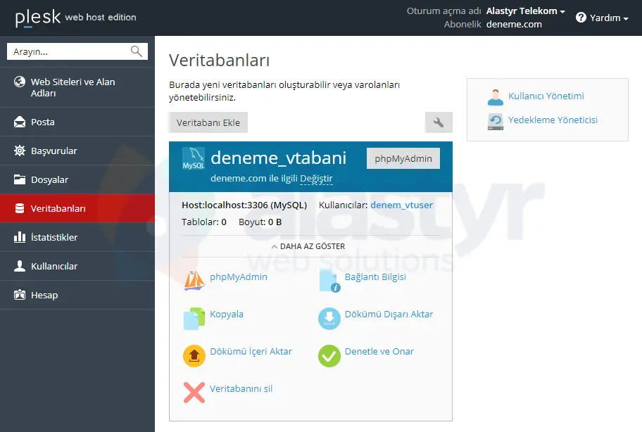 Plesk'te MySQL Veritabanı Oluşturma (4)