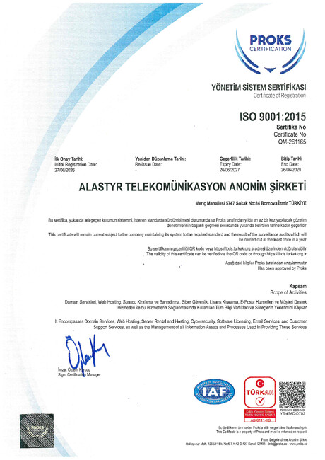 Alastyr ISO 9001:2015 Kalite Yönetim Sistemi Belgesi