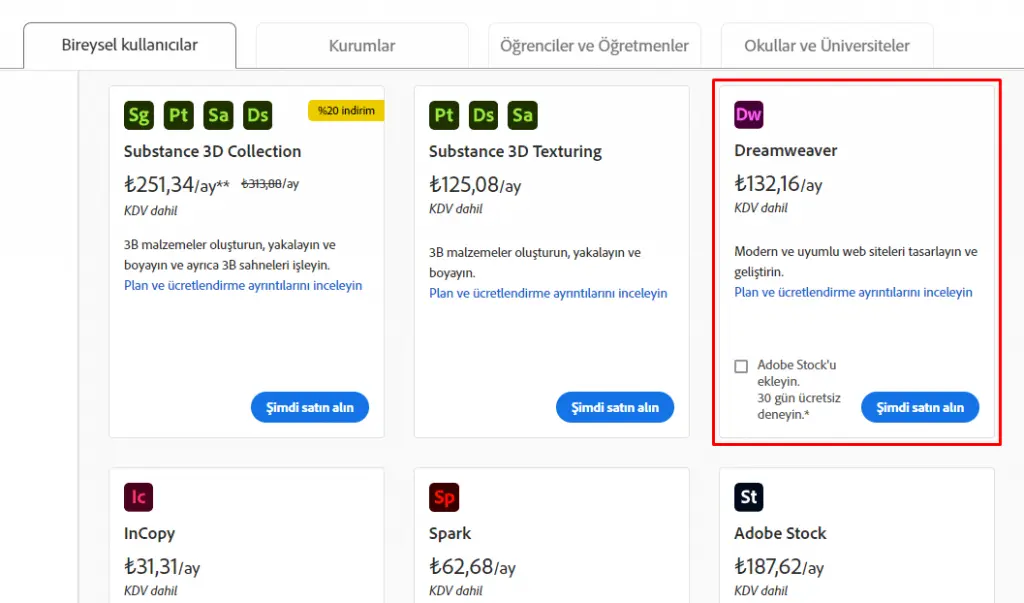 Dreamweaver fiyatı