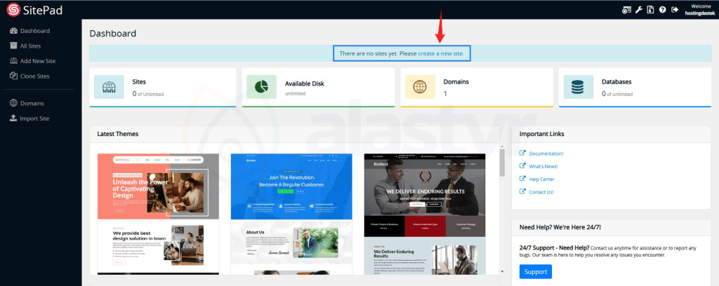 SitePad yeni site oluşturma ekranı