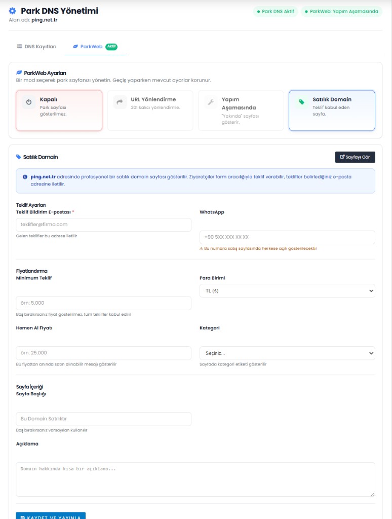 Alastyr ParkWeb satılık domain modu teklif kabul sayfası