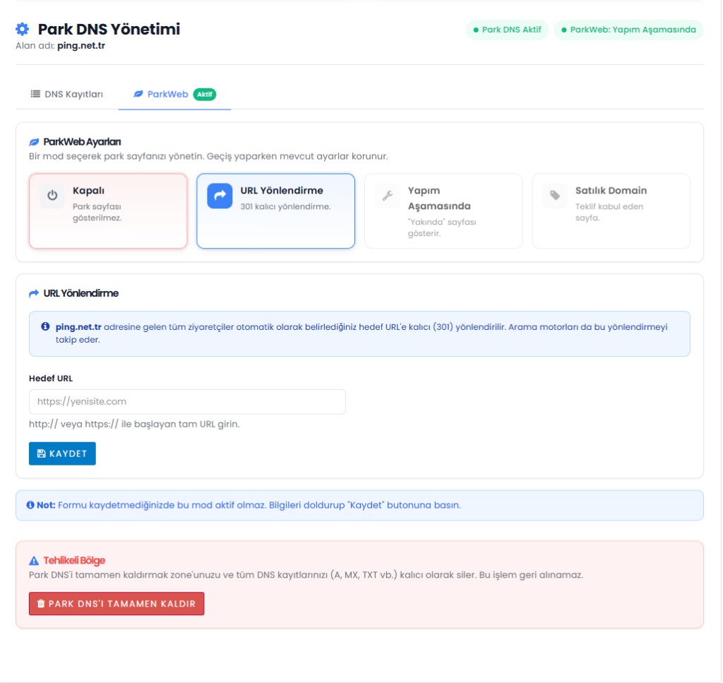 Alastyr ParkWeb URL yönlendirme modu 301 kalıcı yönlendirme