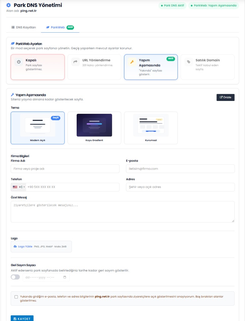 Alastyr ParkWeb yapım aşamasında modu yakında sayfası şablonları